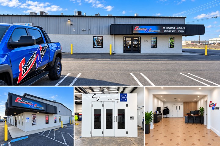 Concept Autobody Modesto: the shop on Kiernan Ave, the paint booth and the front office